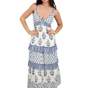 NWT Boho Ananta Saphira Print Maxi Dress Blue White Size Small Medium